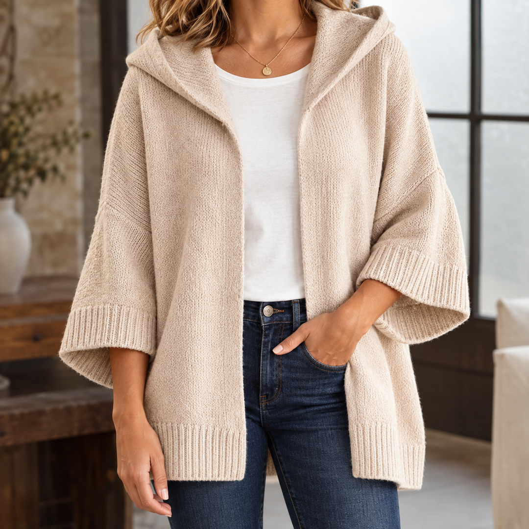 Brenna - Women's hooded knit cardigan in Beige – front view