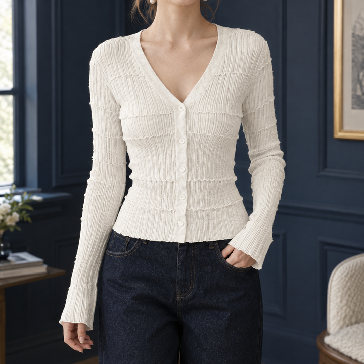 Women's Textured Rib V-Neck Button-Through Cardigan – Loveday – White – front view