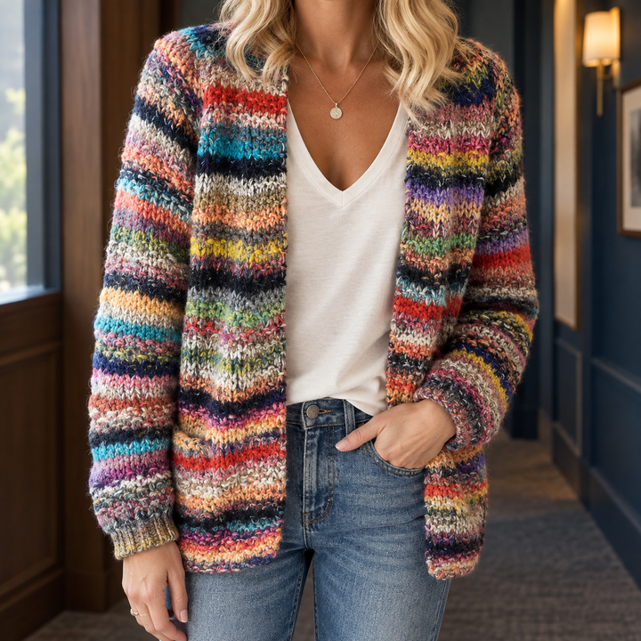 Nansi - Women's striped chunky knit cardigan in Multicoloured – front view