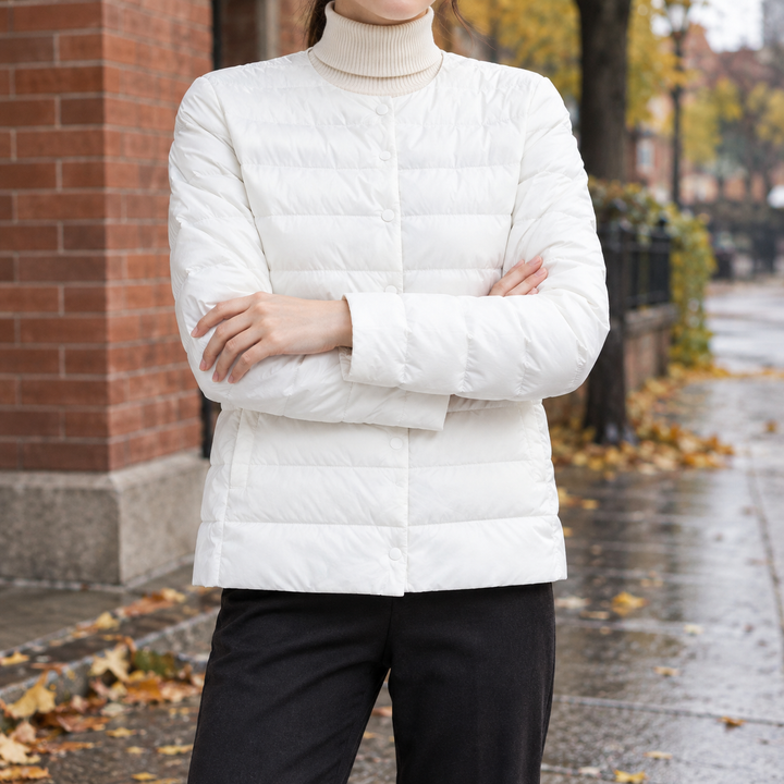 Pitlochry women's collarless quilted jacket in White – front view
