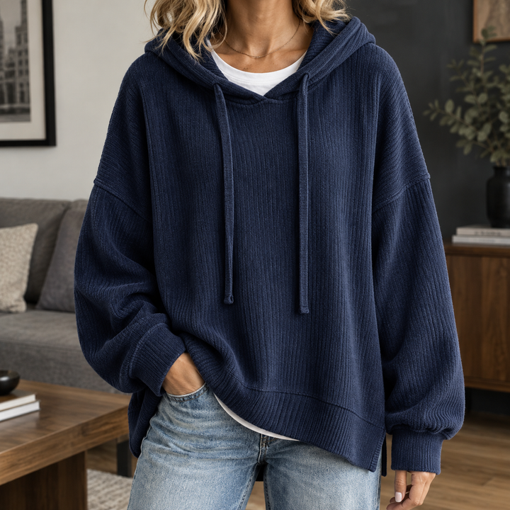 Miranda - Women's ribbed knit hoodie in Navy – front view