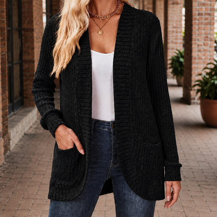 Women's Ribbed Open-Front Cardigan with Pockets – Angharad – Black – front view