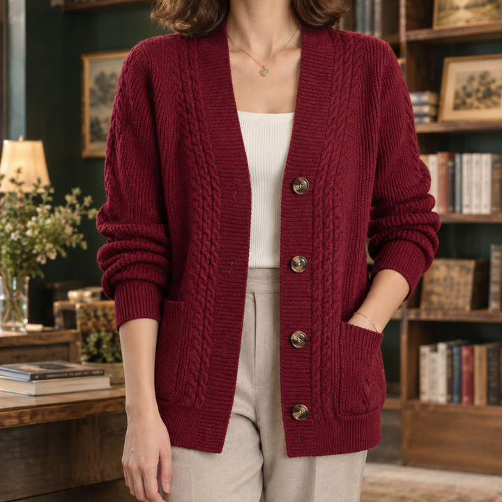 Women's cable knit cardigan Petula in Red – front view