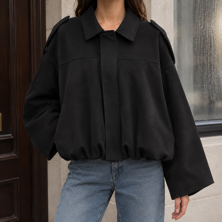 Lamberhurst women's suede-effect bomber jacket in Black – front view