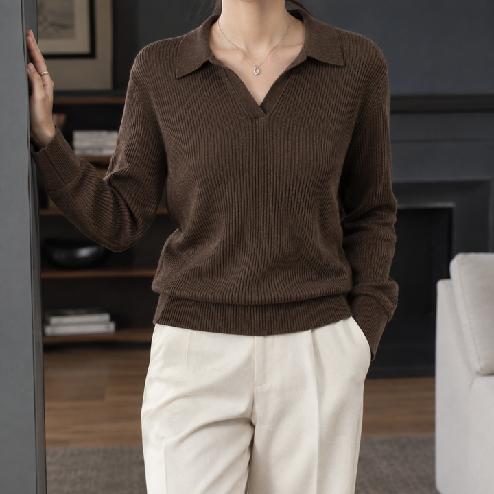 Women's Ribbed Knit Polo Collar Jumper – Janet – Brown – front view