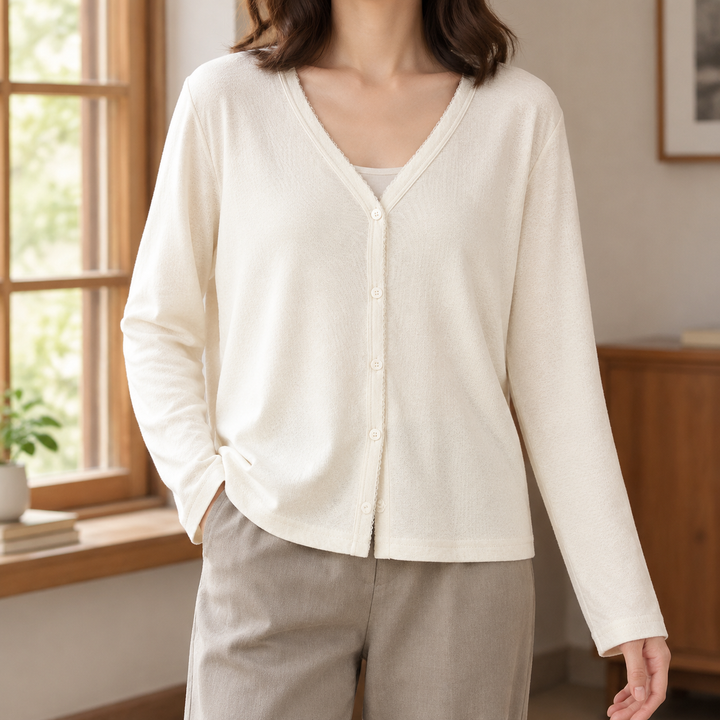 Women's Lightweight V-Neck Button-Through Cardigan – Sidony – Soft White – front view
