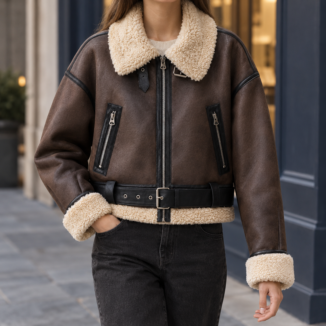 Caldbeck women's leather-look aviator jacket in Chocolate – front view