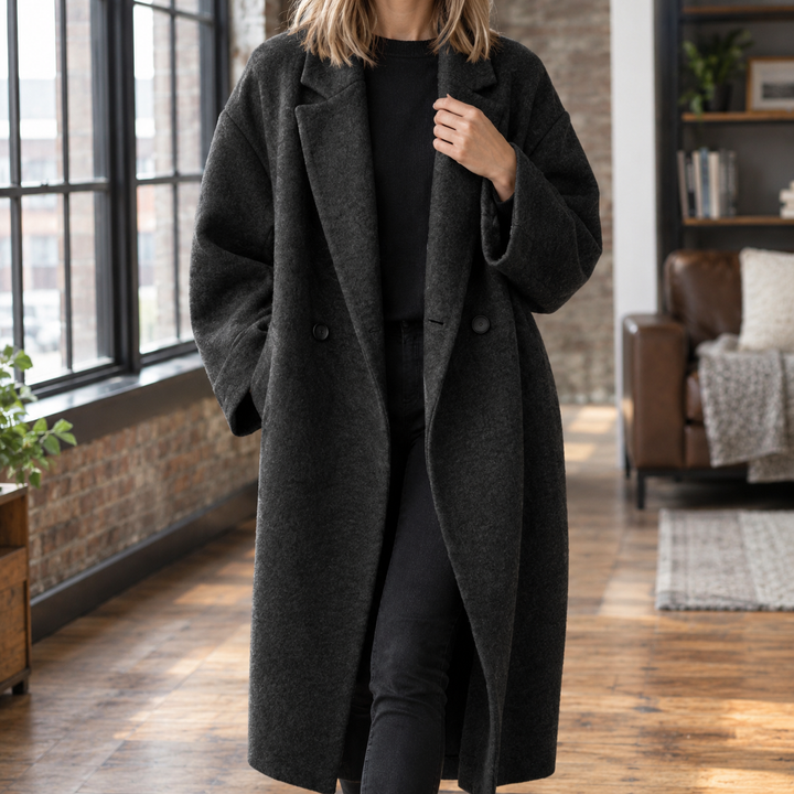 Women's Oversized Double-Breasted Wool-Blend Longline Coat Harrogate – Charcoal – front