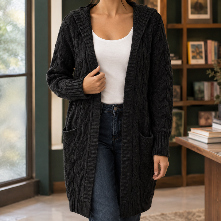 Women's Longline Hooded Cable Knit Cardigan – Merryn – Black – front view
