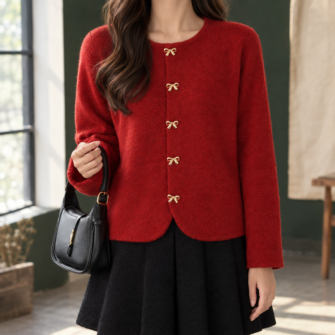 Women's Round Neck Cardigan with Bow Buttons – Avice – Red – front view