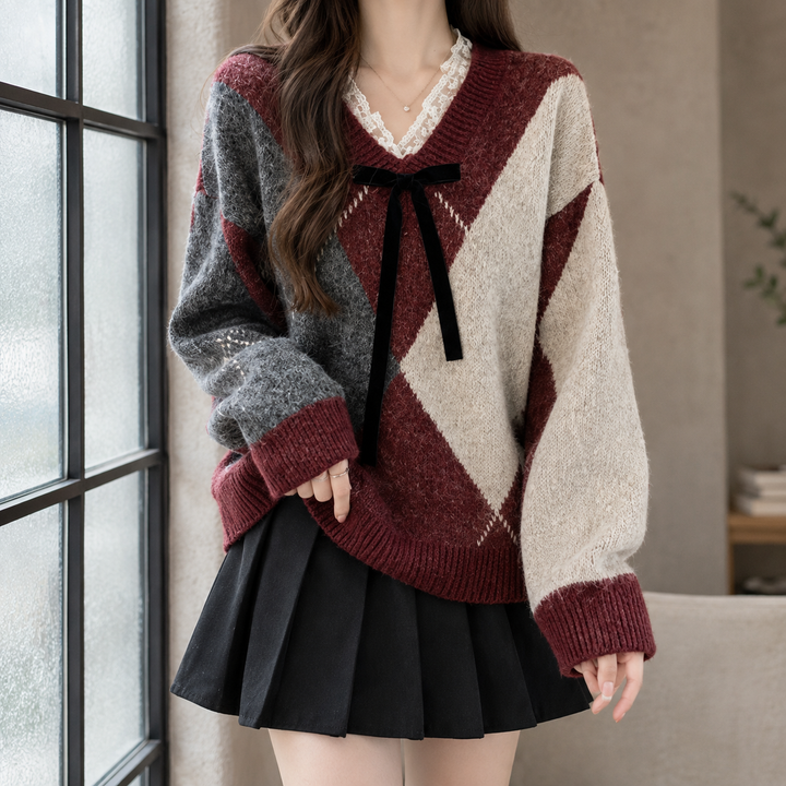 Women's Argyle V-Neck Jumper with Lace Trim and Bow – Averil – Red – front view