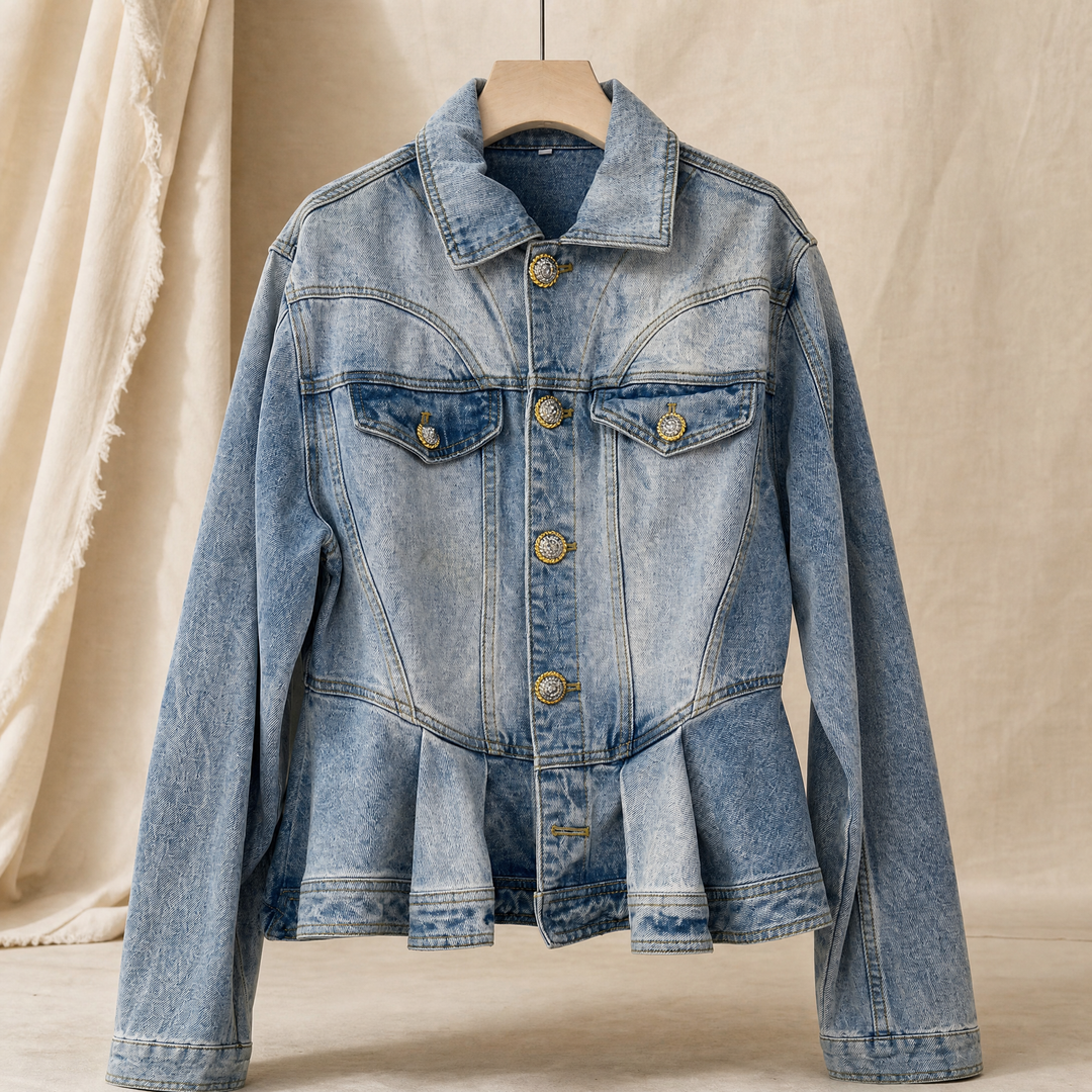 Bampton women's peplum denim jacket in Light Blue – front view