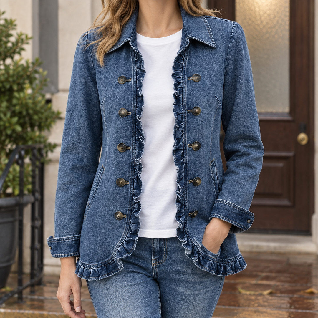 Forres women's ruffle denim jacket in Blue Denim – front view