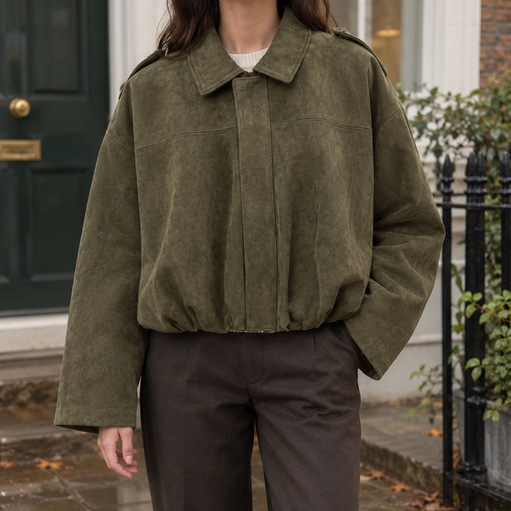 Skipton women's suede-effect bomber jacket in Olive – front view