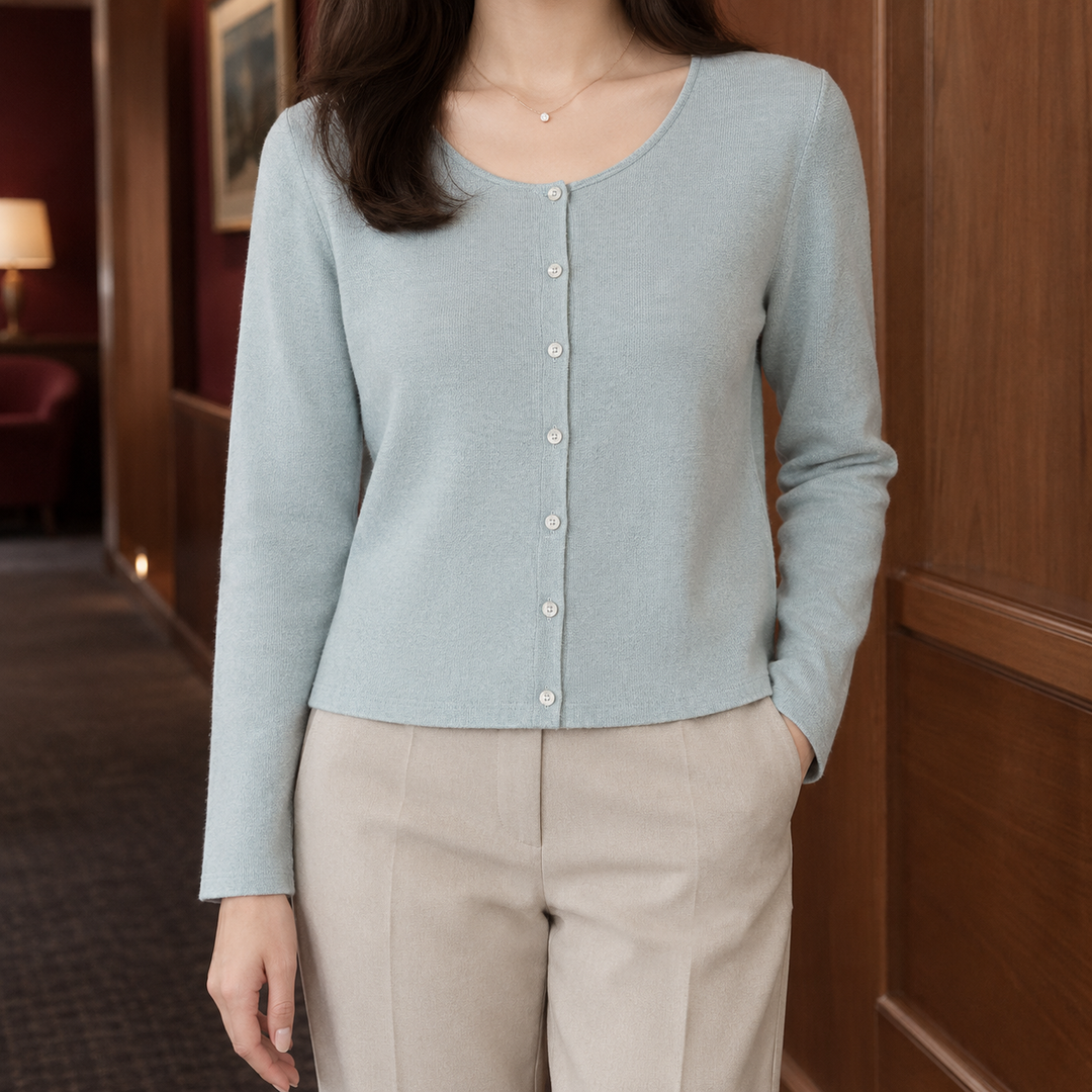 Women's Fine Knit Scoop Neck Button-Through Cardigan – Morvoren – Light Blue – front view