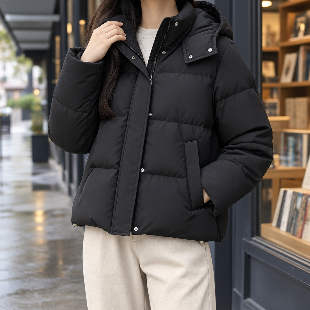 Marazion women's hooded puffer jacket in Black – front view