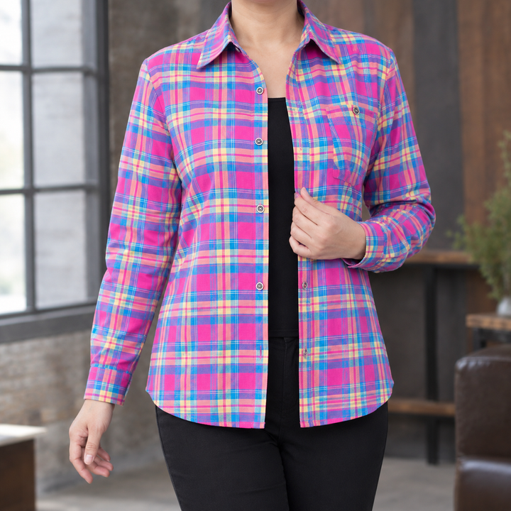 Women's Relaxed Check Plaid Button-Up Shirt Mairead – Pink Multi Plaid – front