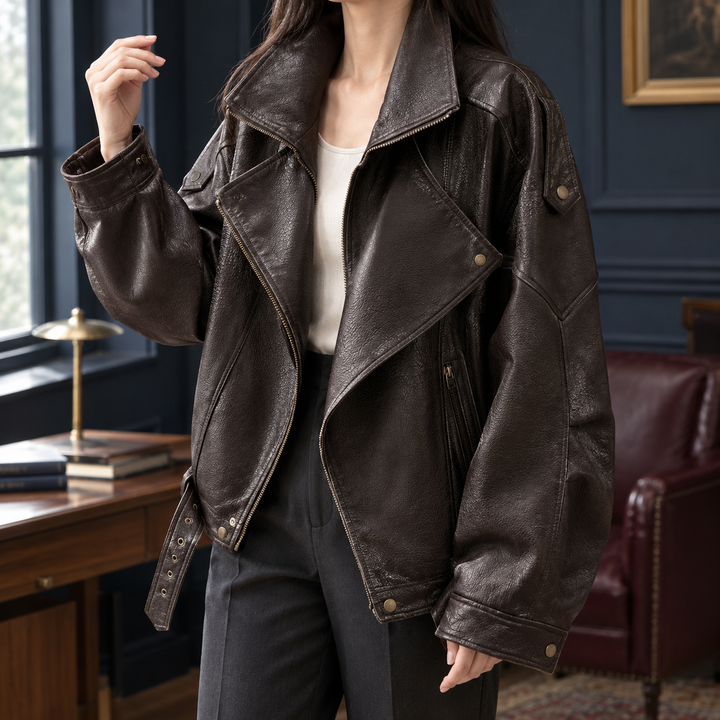 Lyndhurst women's leather-look biker jacket in Brown – front view