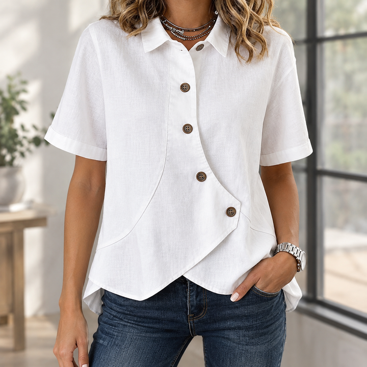 Women's Asymmetric Button Short Sleeve Linen-Blend Shirt Pomeline – White – front