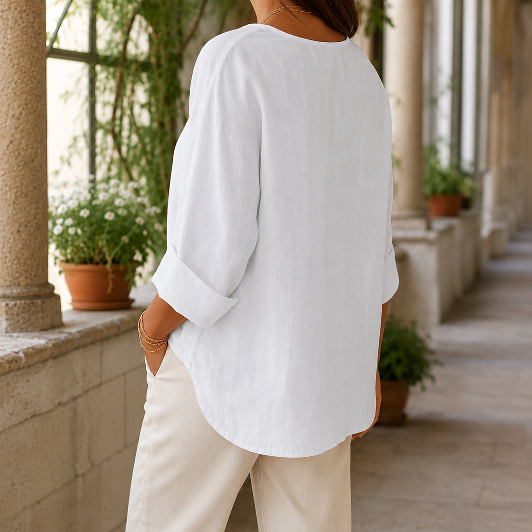 Women's Relaxed V-Neck Three-Quarter Sleeve Shirt Valencia – White – back