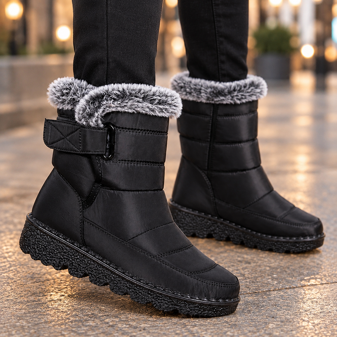 Women's Faux Fur-Collar Padded Winter Boots Mantova – Black – close-up