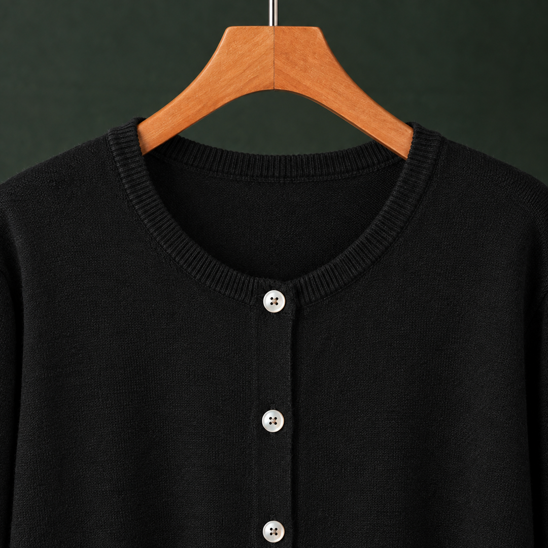 Women's Fine Knit Crew Neck Button-Through Cardigan – Avis – Black – detail view