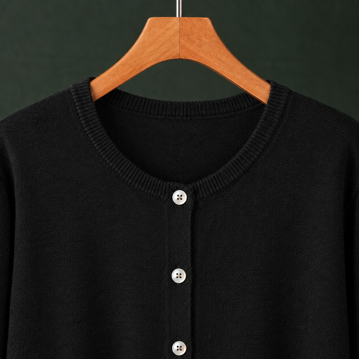 Women's Fine Knit Crew Neck Button-Through Cardigan – Avis – Black – detail view