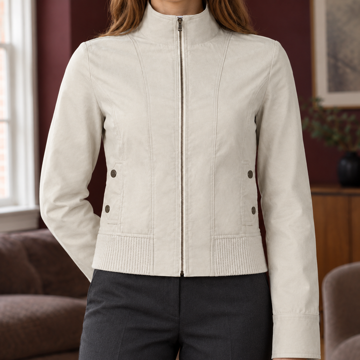 Wareham women's stand collar jacket in Ivory – front view, zipped