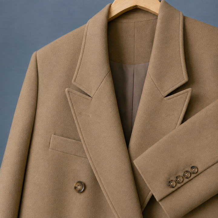 Women's Double-Breasted Longline Coat with Peak Lapels – Woolacombe – Camel – close-up of peak lapels and cuff
