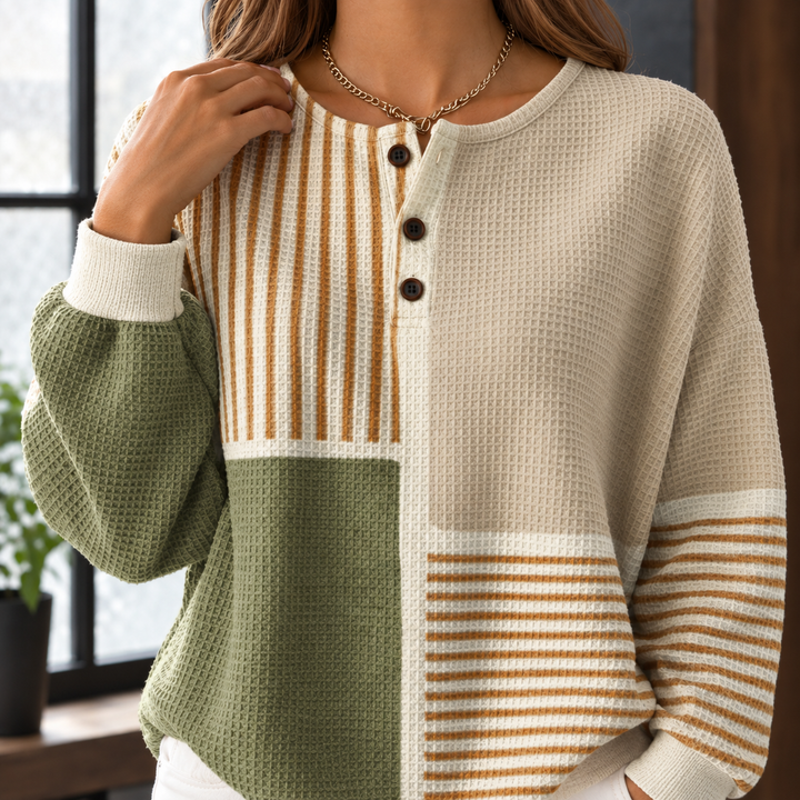 Women's Oversized Patchwork Waffle Knit Henley Jumper – Ianthe – Multicolour – close-up front view