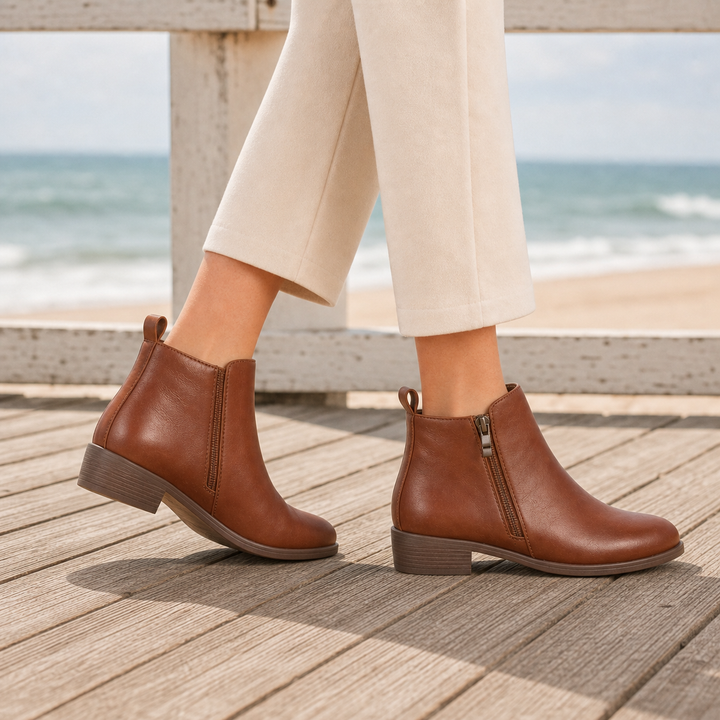 Women's Orthopaedic Side-Zip Ankle Boots Conti – Brown – walking side view