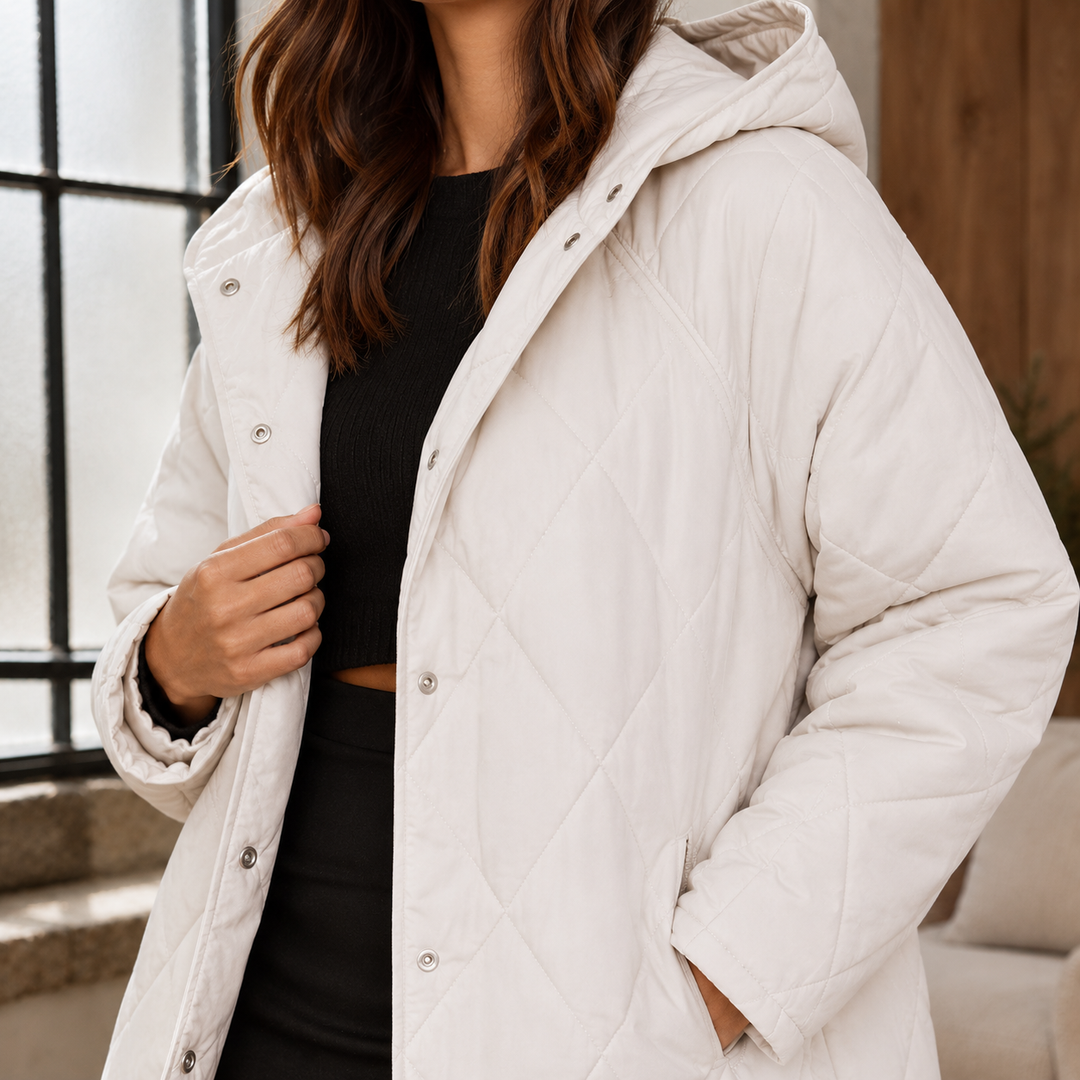 Chesham women's hooded quilted jacket in Ivory – close-up of hood and snaps