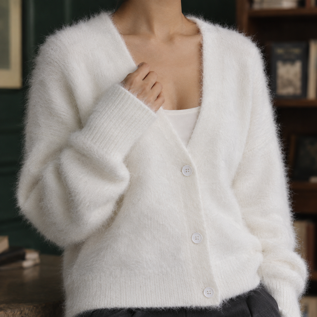 Women's fluffy V-neck cardigan Carrie in Ivory – close-up front view