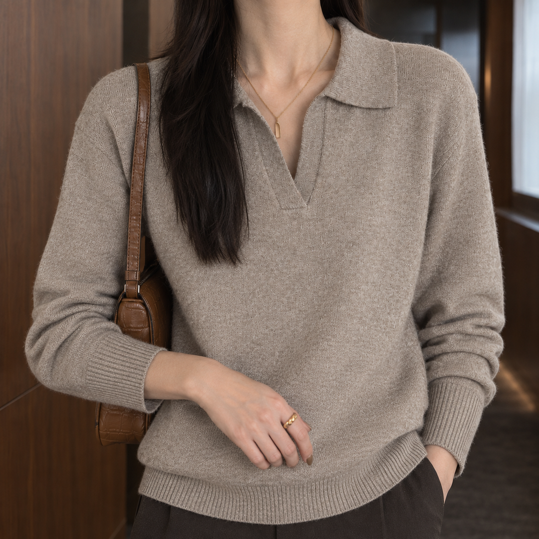 Women's Relaxed Polo Collar Knit Jumper – Selma – Beige – alternate front view