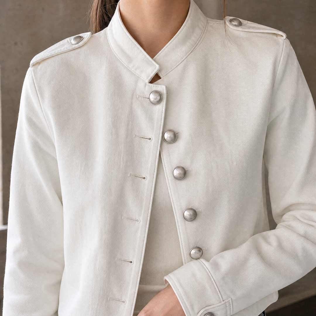 Harlech women's military jacket in White – close-up front view