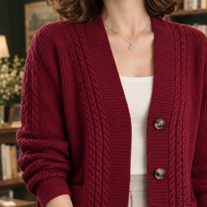 Women's cable knit cardigan Petula in Red – close-up of cable knit
