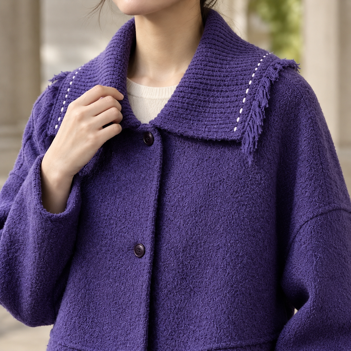 Streatley women's jacket in Purple – close-up front view of fringed knit collar