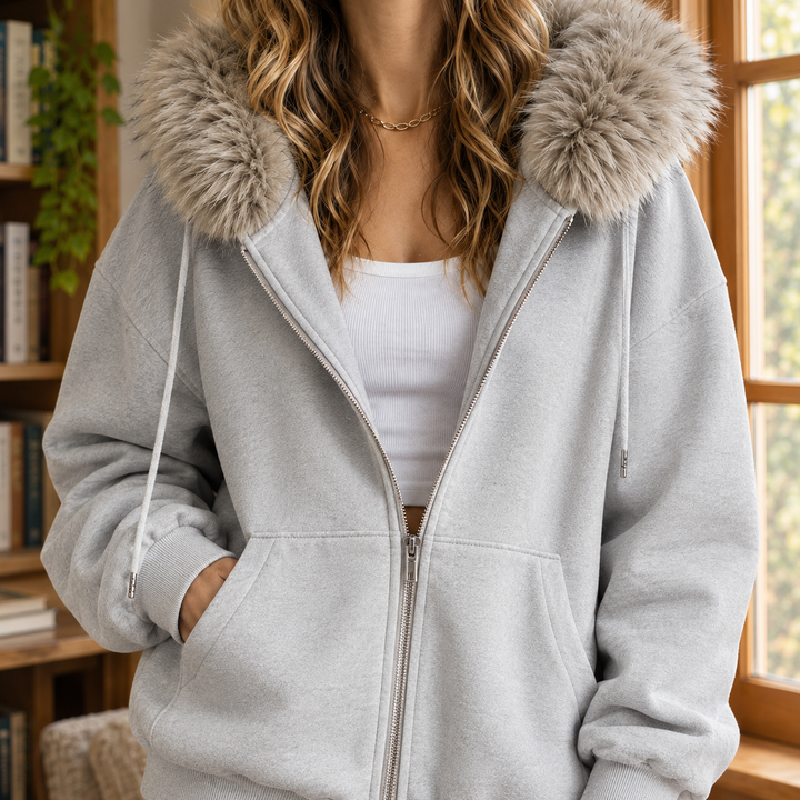 Babette - Women's fur trim zip-up hoodie in Light Grey – close-up of fur-trimmed hood