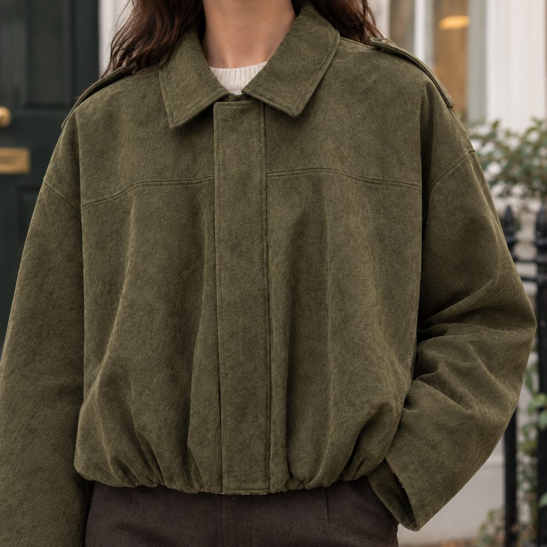 Skipton women's suede-effect bomber jacket in Olive – collar and placket close-up
