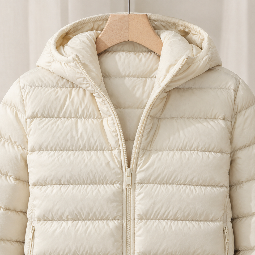 Wensley women's puffer jacket in Ecru – close-up front view of hood and zip
