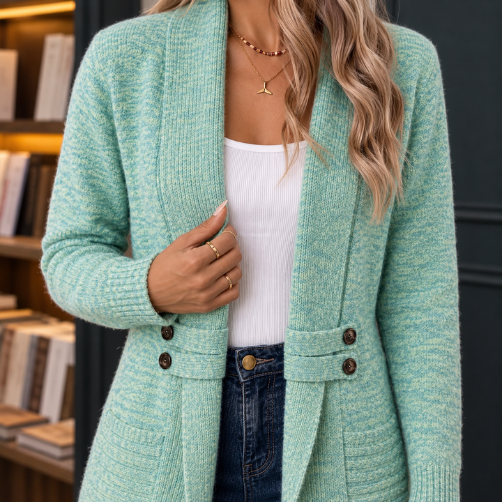 Esmerelda - Women's shawl collar cardigan in Light Green – close front view