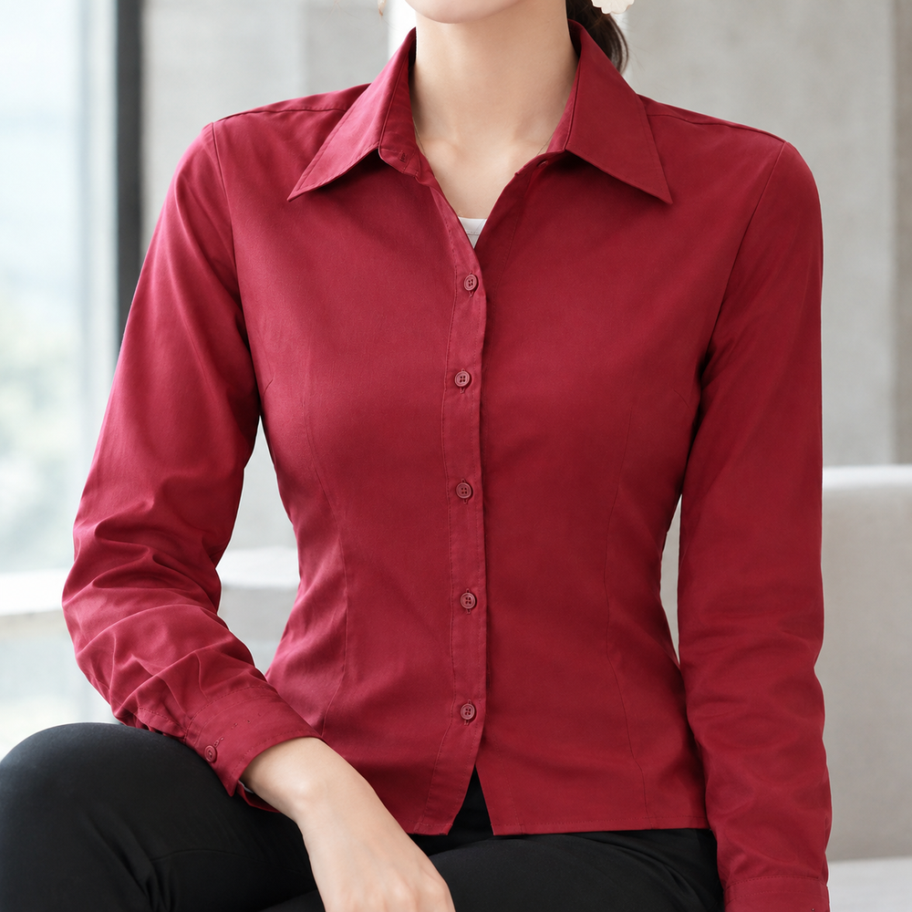 Women's Slim Fit Long Sleeve Button-Up Office Shirt Yolanthe – Burgundy – detail
