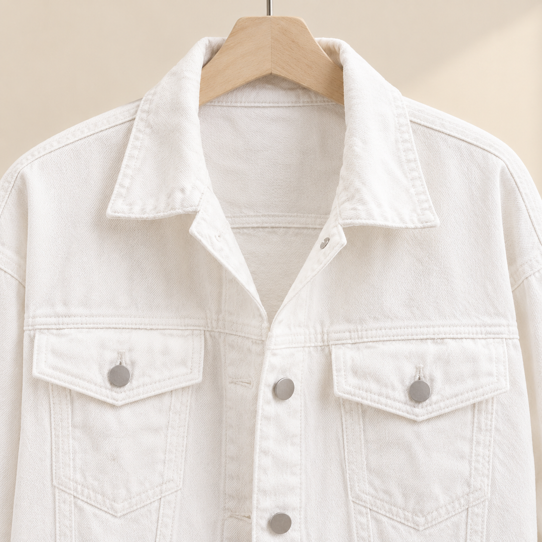 Women's Relaxed Denim Jacket with Four Pockets Tamsyn – White – close-up