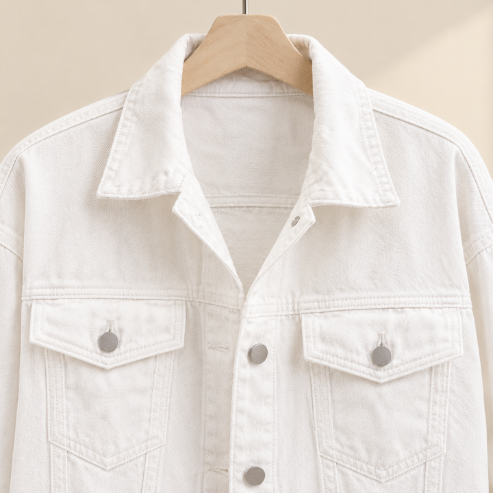 Women's Relaxed Denim Jacket with Four Pockets Tamsyn – White – close-up
