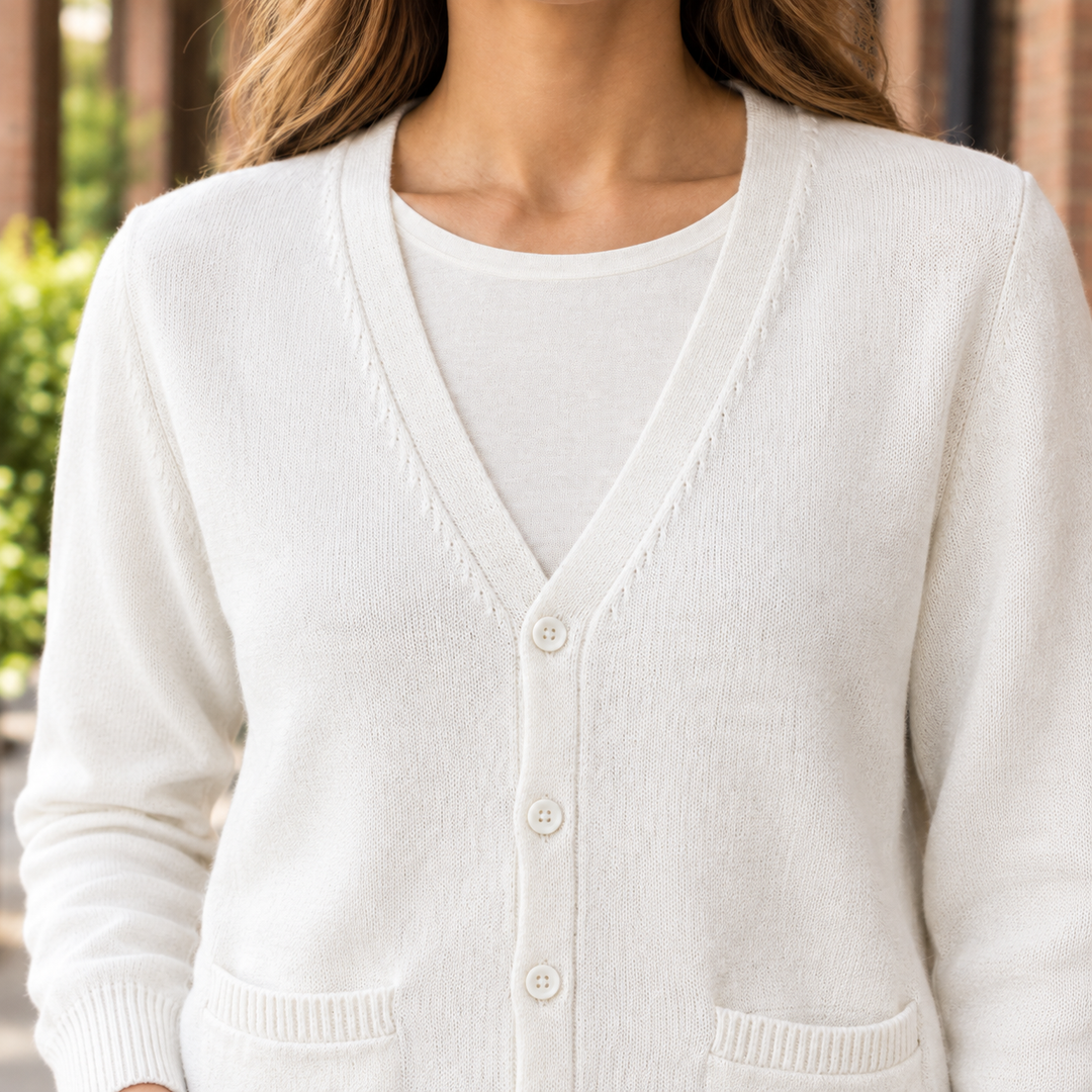 Eluned - Women's V-neck cardigan in White – close-up