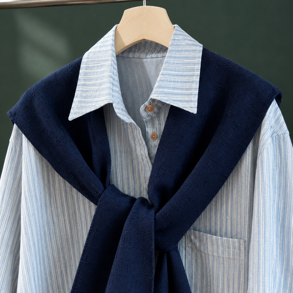 Women's Striped Oversized Shirt with Knitted Shoulder Wrap Mackenzie – Light Blue with Navy Wrap – detail