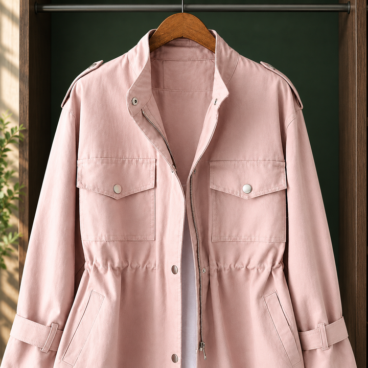 Kirkwall women's utility jacket in Blush Pink – close-up front view of pockets and collar