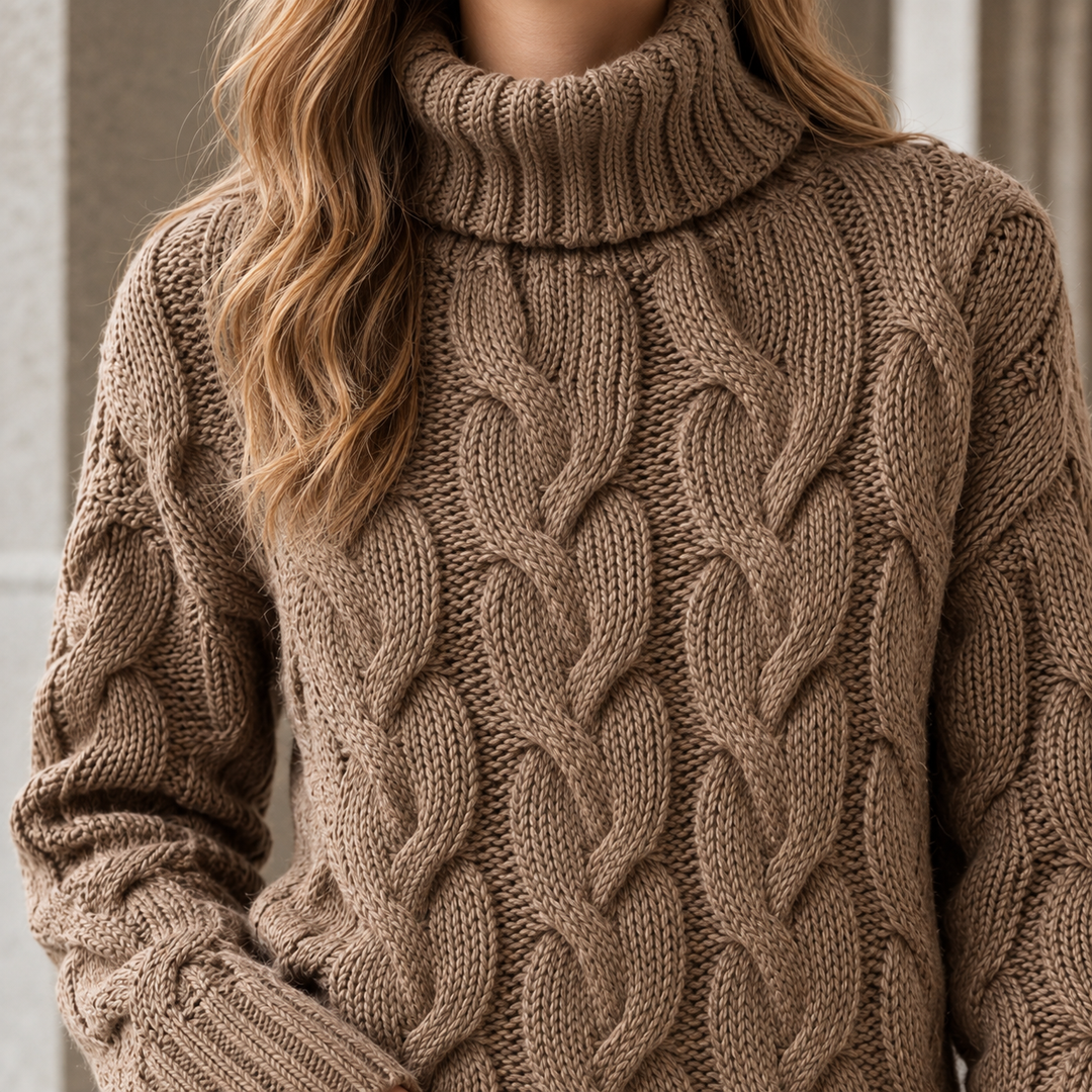 Ella - Women's cable knit roll neck jumper in Taupe – close-up view
