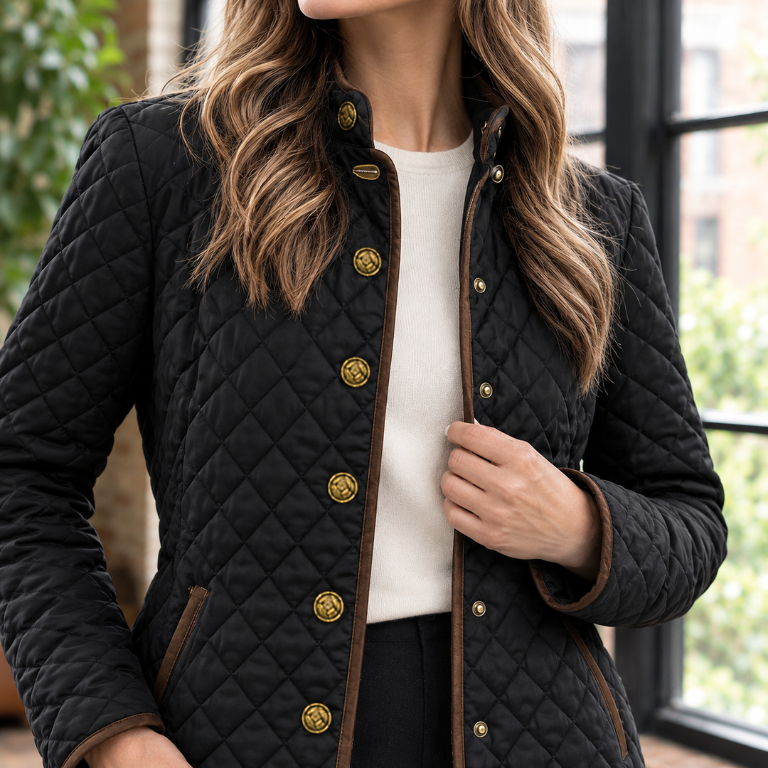 Tiverton women's quilted jacket in Black – close-up front view of buttons and contrast trim