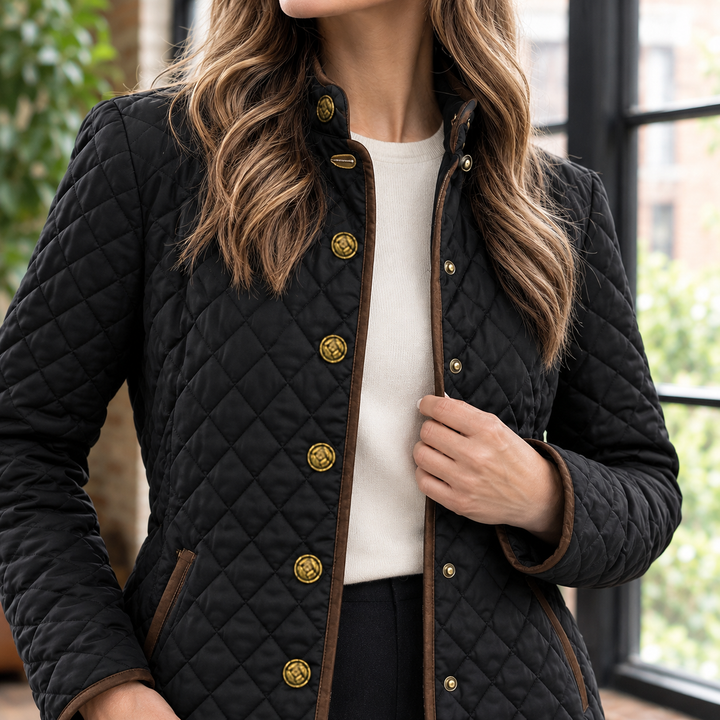 Tiverton women's quilted jacket in Black – close-up front view of buttons and contrast trim